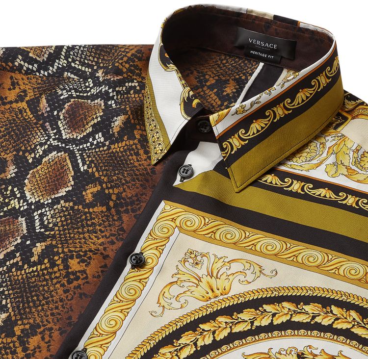 Versace Mixed Print Silk Shirt GoldBrownWhite