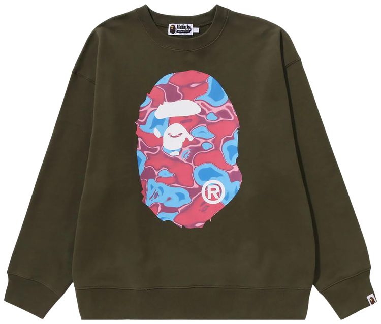 BAPE Liquid Camo Ape Head Relaxed Fit Crewneck Sweat Olive Drab