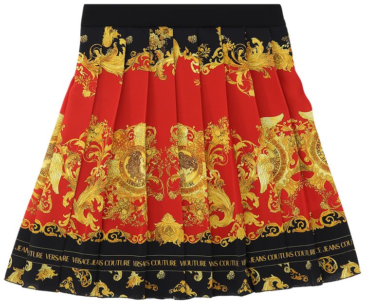 Versace Jeans Couture Medallion Baroque Print Pleated Skirt BlackRedGold