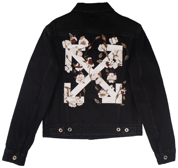 Off White Floral Embroidered Denim Jacket Black