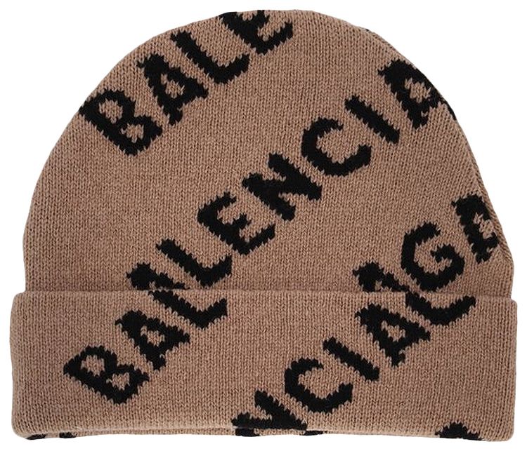 Balenciaga All Over Logo Beanie BeigeBlack