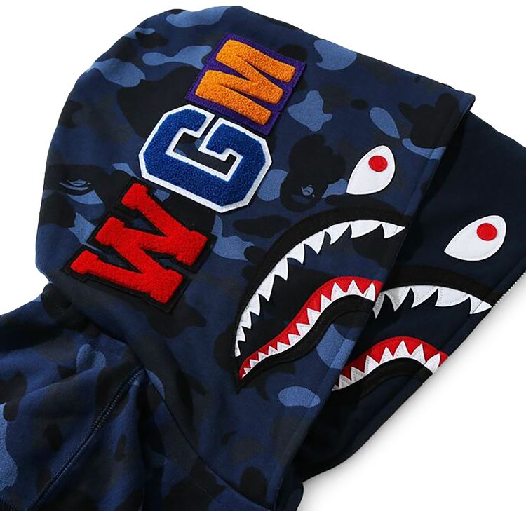 BAPE Color Camo Shark Wide Full Zip Double Hoodie Navy