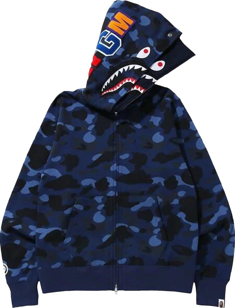 BAPE Color Camo Shark Wide Full Zip Double Hoodie 'Navy'