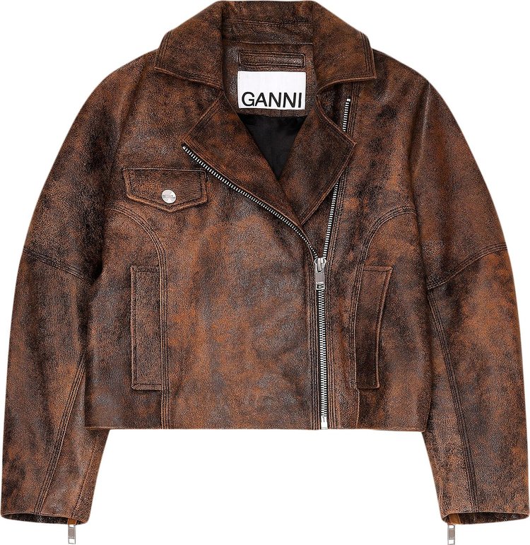 GANNI Washed Leather Short Jacket 'Cognac'