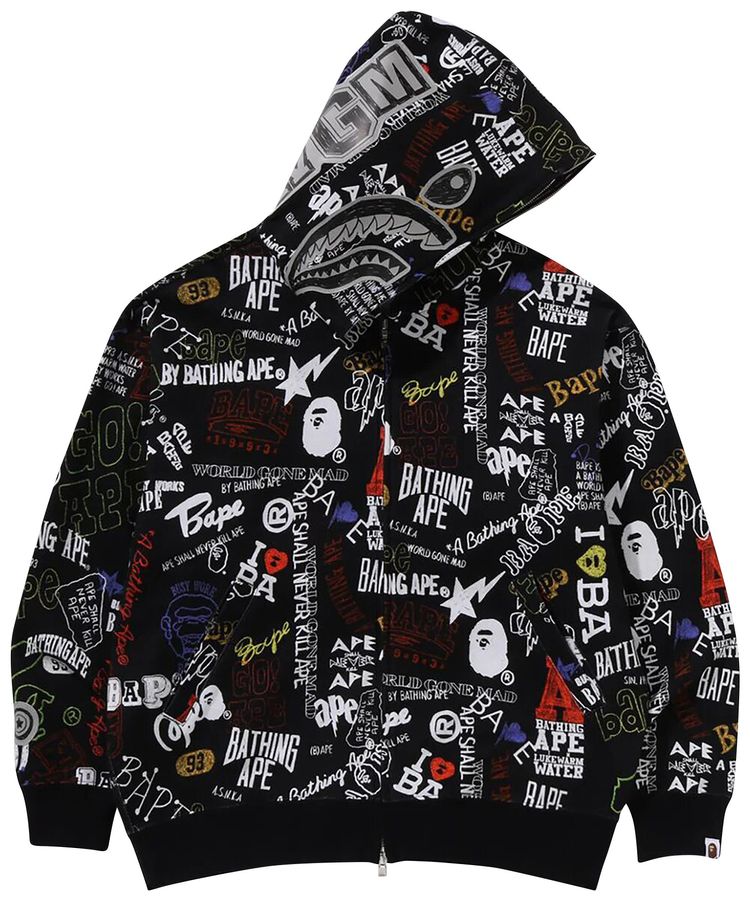 BAPE Hand Draw Pattern Shark Zip Hoodie Black