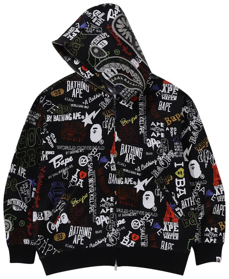 BAPE Hand Draw Pattern Shark Zip Hoodie Black
