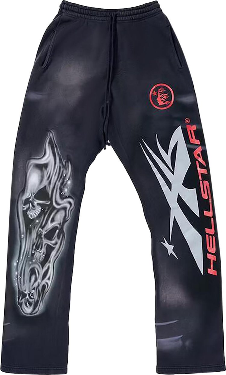 Hellstar Airbrushed Skull Flare Bottom Sweatpants Midnight Dye Black