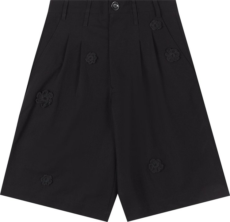 Song for the Mute Single Pleated Shorts With Embroidered Flowers 'Black'