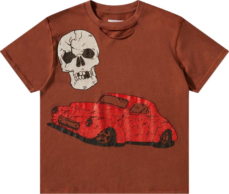 ERL Ripped Collar Skull Red Car T-Shirt 'Brown'
