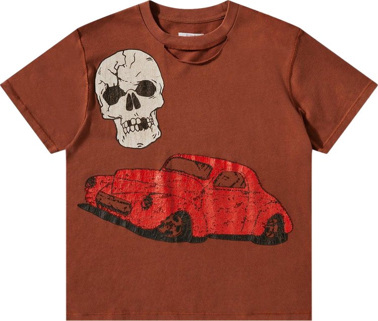 ERL Ripped Collar Skull Red Car T Shirt Brown