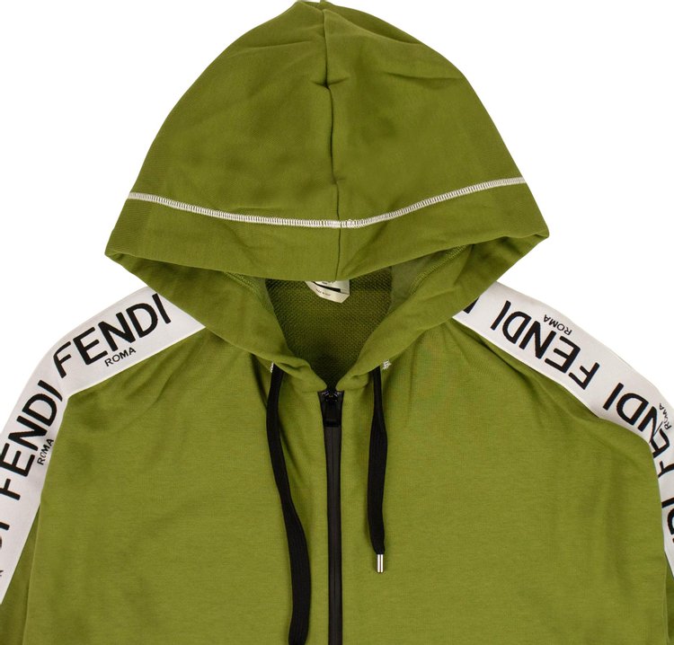 Fendi Logo Stripe Zip Up Hooded Sweatshirt Green