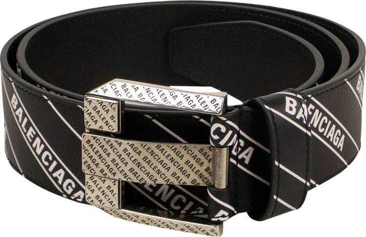 Balenciaga Striped Logo Engraved Buckle Belt Black