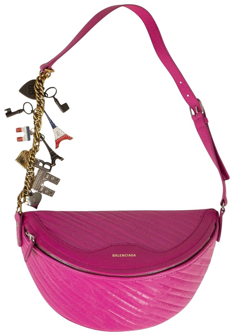Balenciaga Logo Embossed Charmed Souvenir Belt Bag Pink
