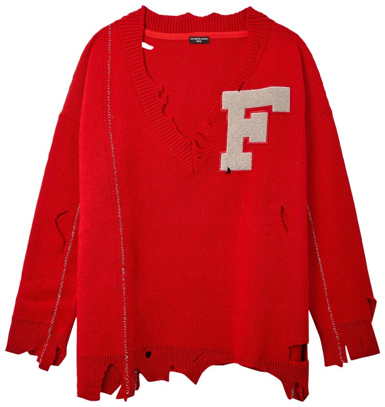 Raf Simons Redux Oversized Destroyed V Neck Sweater Red