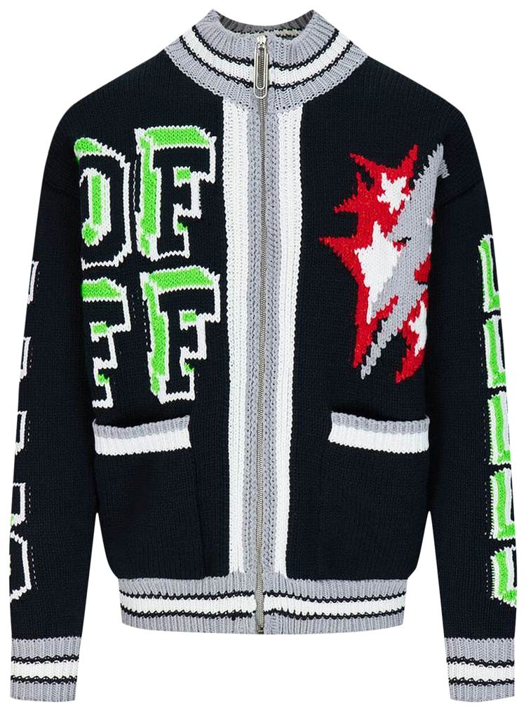 Off White Intarsia Knit Bomber BlackMulticolor