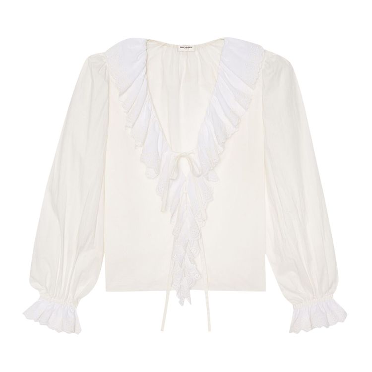 Saint Laurent Anglaise Frilled Tie Blouse Blanc
