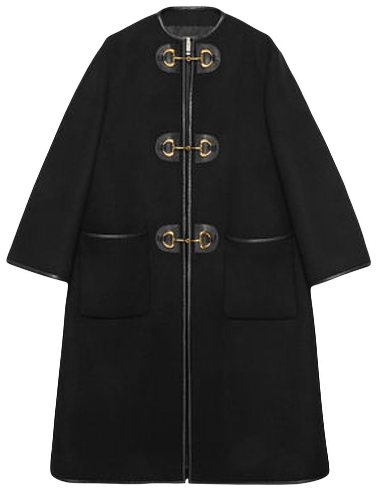 Gucci Wool Coat With Leather Detail Black