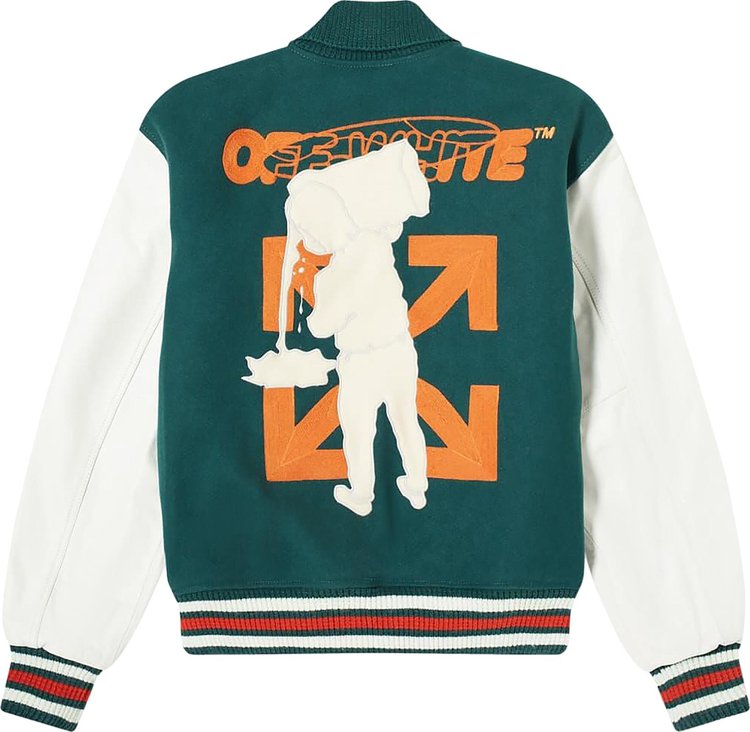 Off White Barrel Leather Varsity Jacket GreenOrange