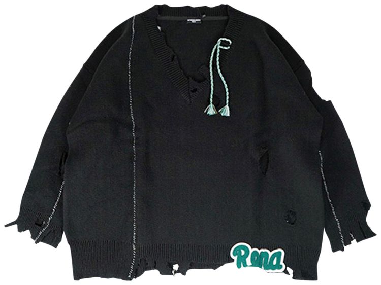 Raf Simons Oversized Destroyed V Neck Sweater With Rena Badge Black