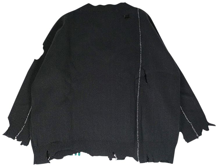 Raf Simons Oversized Destroyed V Neck Sweater With Rena Badge Black