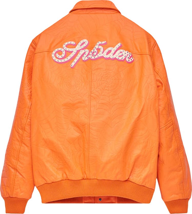 Sp5der Debossed Web Leather Jacket Orange