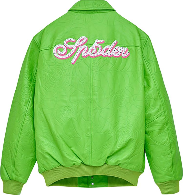 Sp5der Debossed Web Leather Jacket Green