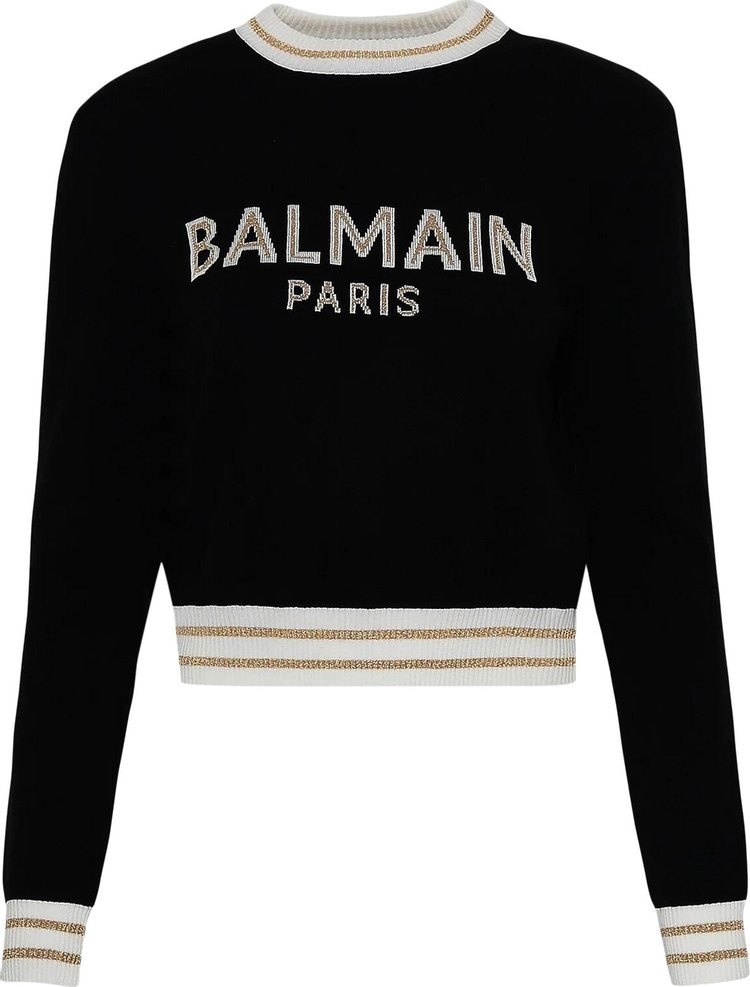Balmain Logo Intarsia Knitted Cropped Jumper 'Black/Natural/Gold'