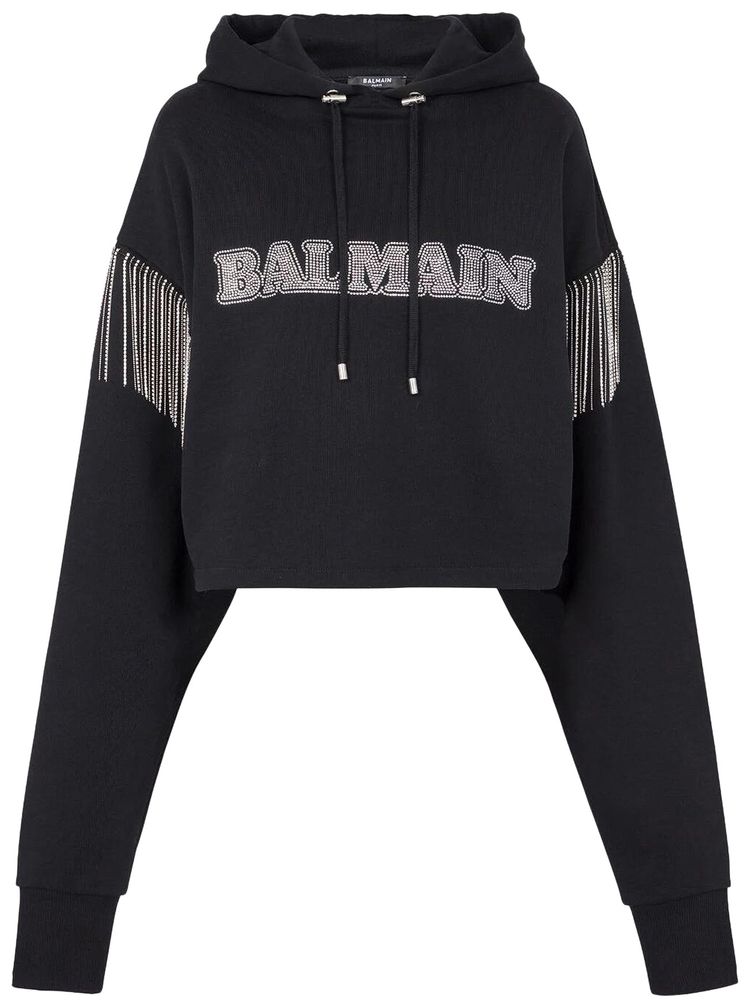 Balmain Embellished Cropped Hoodie BlackCrystal