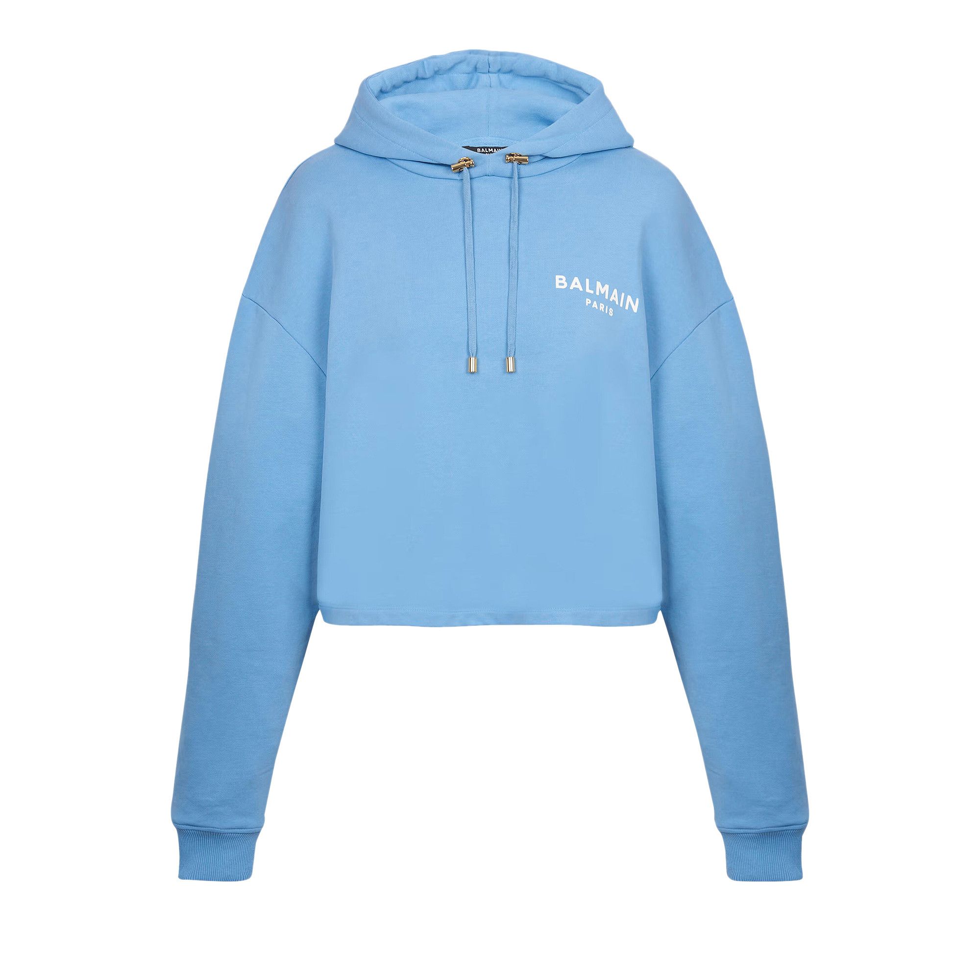 Buy Balmain Flock Detail Cropped Hoodie Pale Blue Natural CF1JP040BB01 SLF GOAT CA