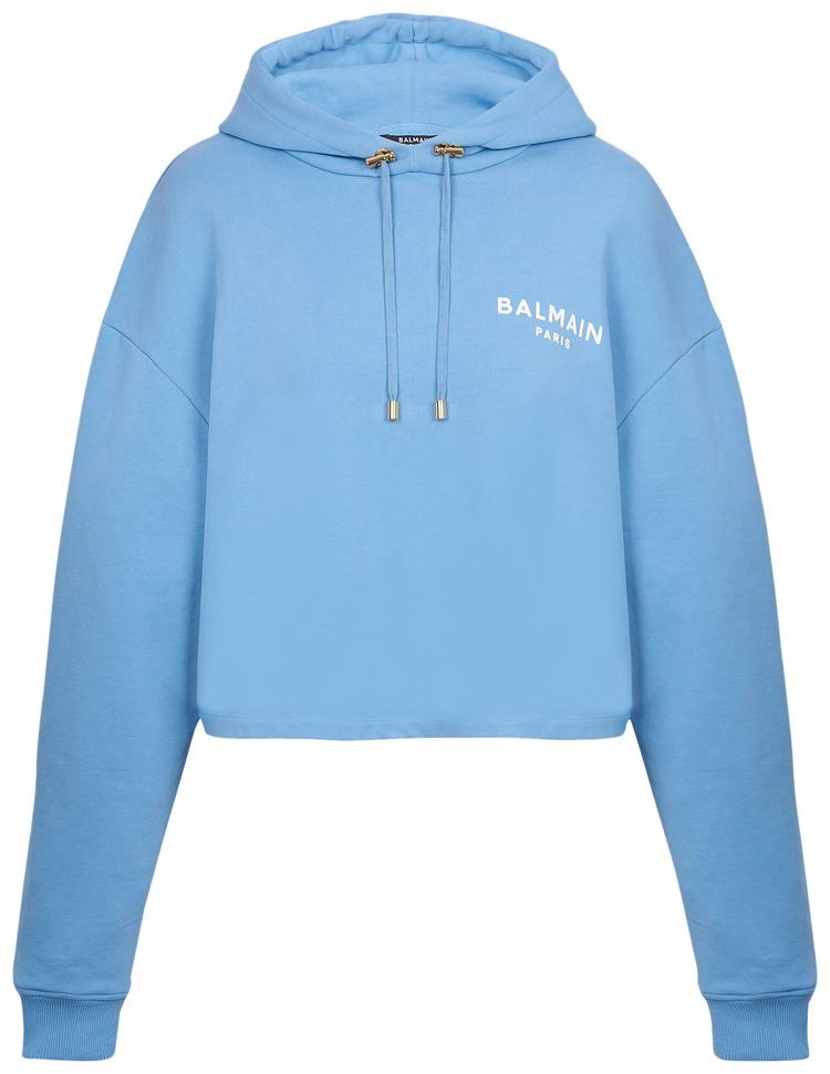Balmain Flock Detail Cropped Hoodie Pale BlueNatural