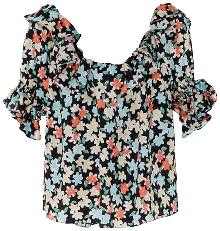 Saint Laurent Floral Print Off The Shoulder Blouse Noir Multicolor