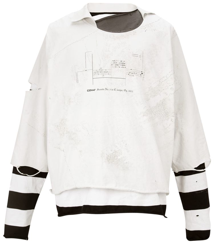 C2H4 Panelled Distressed Double Layer Long Sleeve T Shirt BlackWhite