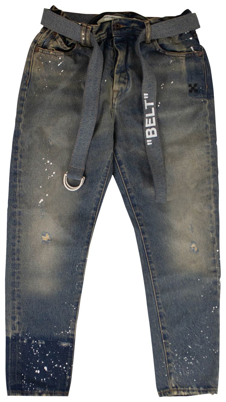 Off White Belted Distressed Jeans Blue