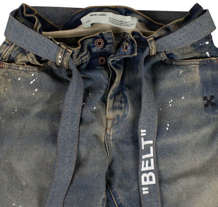 Off White Belted Distressed Jeans Blue