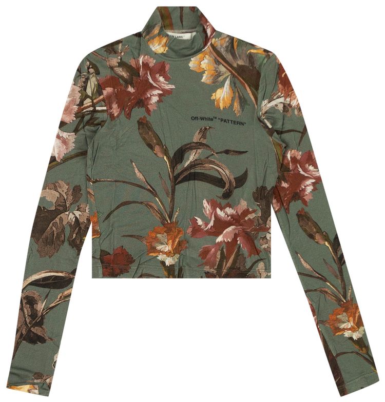 Off White Floral Turtleneck Shirt Green