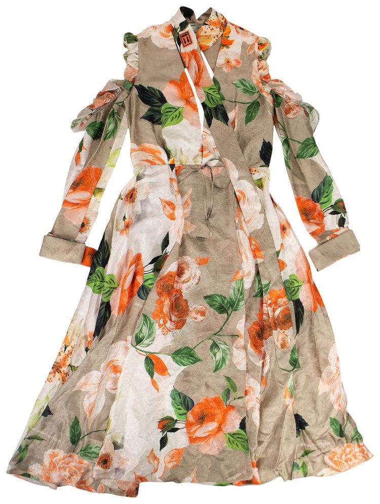 Off White Floral Silk Loose Fit Dress Nude