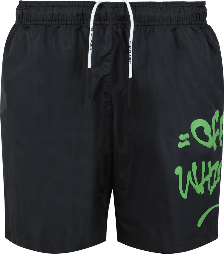 Off White Logo Print Black Swim Shorts BlackGreen