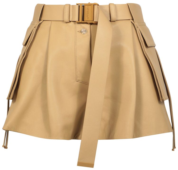 Off White Cargo Leather Shorts Beige