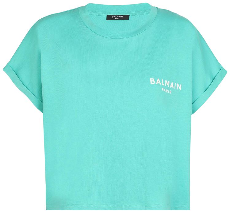 Balmain Logo Printed Cropped T Shirt Water GreenWhite
