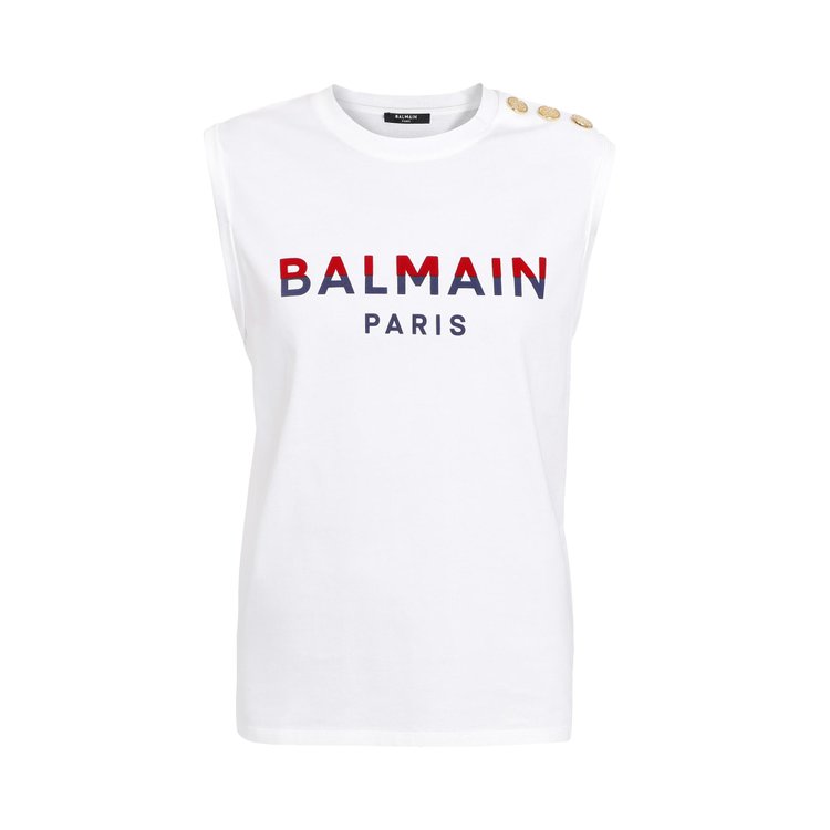 Balmain Flocked Logo Tank Top WhiteBright RedNavy