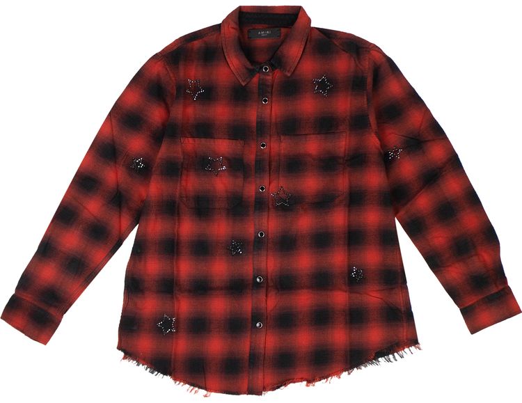 Amiri Plaid Flannel Crystal Stars Loose Fit Button Down Top Red
