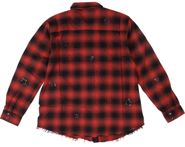 Amiri Plaid Flannel Crystal Stars Loose Fit Button Down Top Red