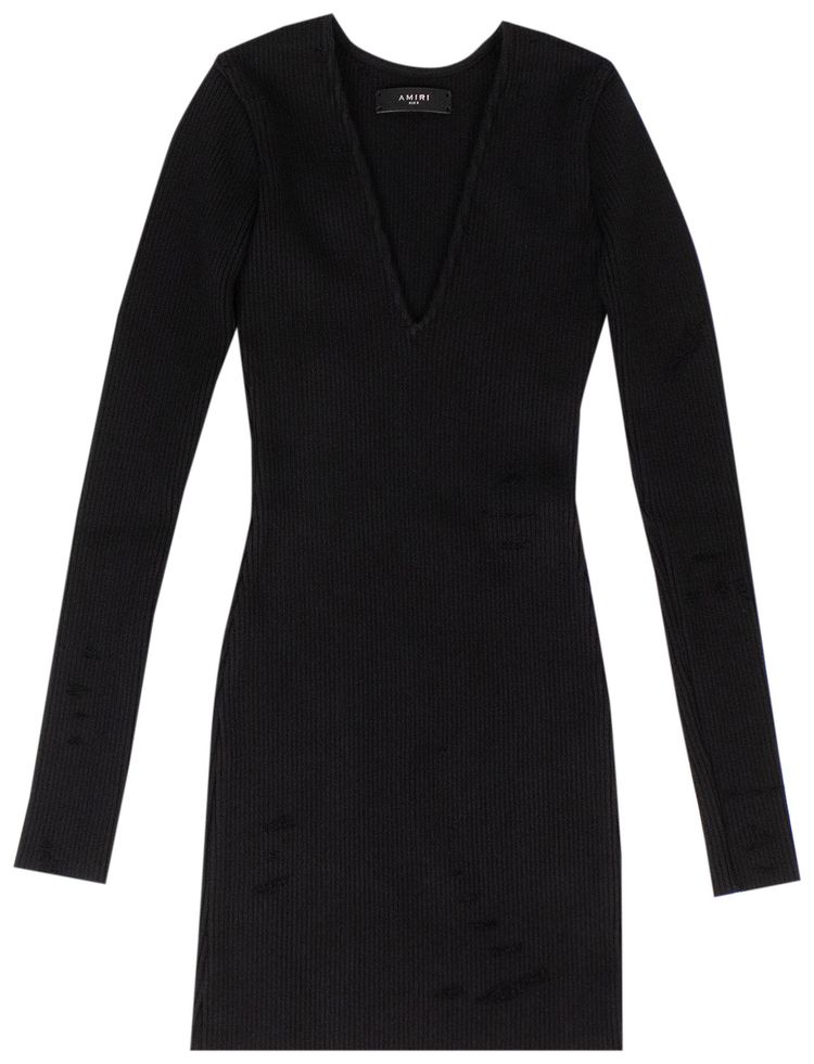 Amiri Ribbed Deep V Neck Short Dress Black