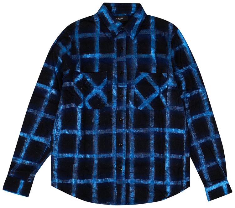 Amiri Plaid Glitter Collared Shirt Blue