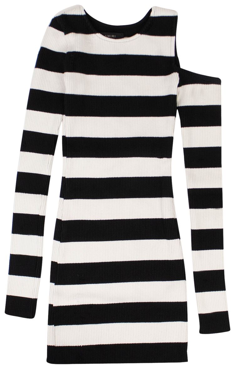 Amiri One Shoulder Striped Rib Knit Mini Dress BlackWhite