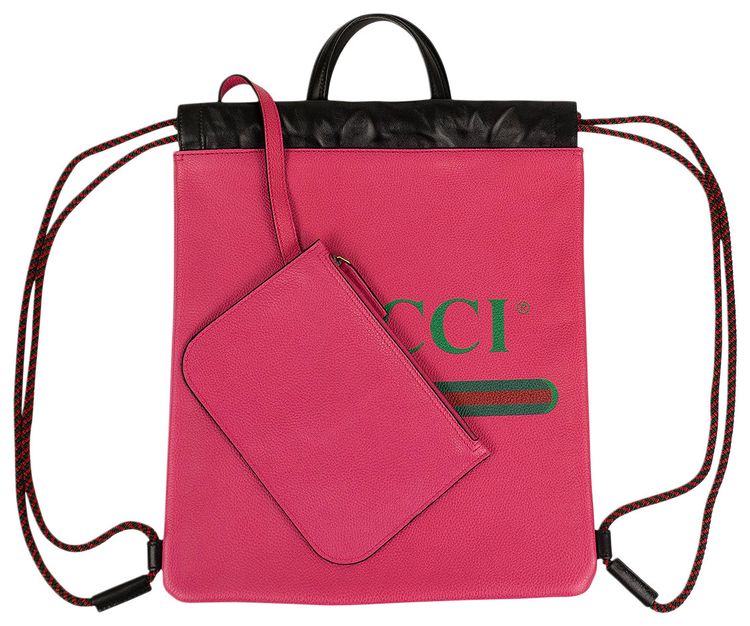 Gucci Pink Leather Logo Print Drawstring Backpack Pink