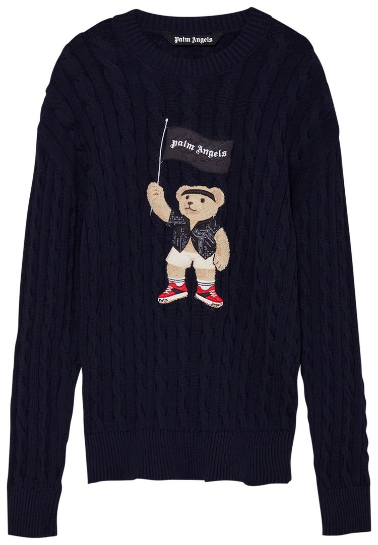 Palm Angels Pirate Bear Cableknit Jumper Navy BlueWhite