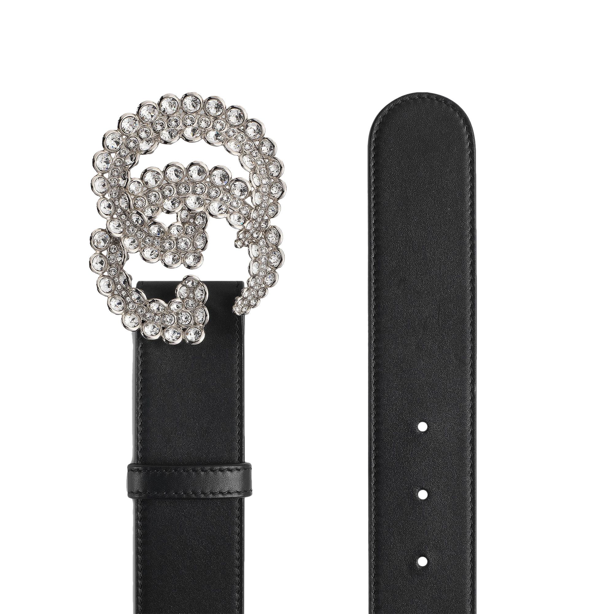 Leather belt with crystal double g buckle online