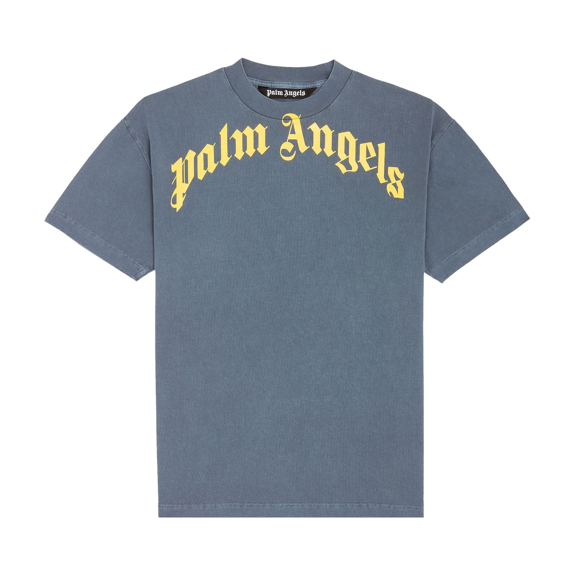 Buy Palm Angels Vintage Wash Curved Logo Tee 'Navy Blue/Yellow