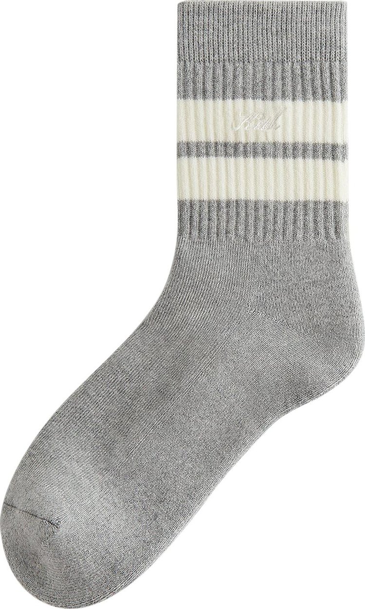 Kith Striped Mid Crew Socks With Script Embroidery Heather Grey